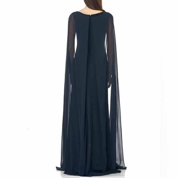 CARMEN MARC VALVO Infusion Navy Black Beaded Embellished Chiffon Cape Gown - Picture 3 of 4